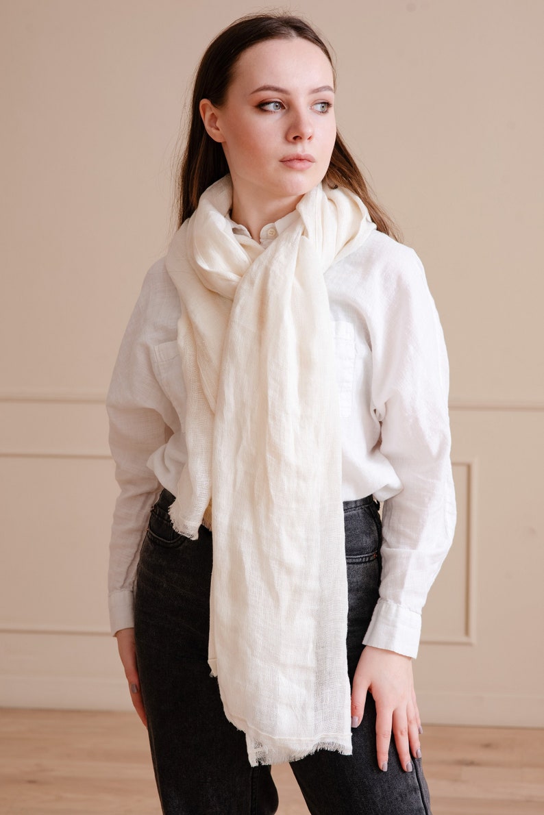 Ivory Linen Scarf Lightweight, Soft, Breathable Unisex Stonewashed Linen Scarf for Women and Men Versatile Accessory for Any Occasion image 1