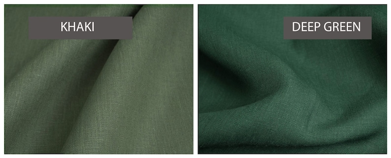 K&ouml;nnte beinhalten: Zwei Stoffmuster, eines in Khaki-Gr&uuml;n und das andere in Dunkelgr&uuml;n. Die Muster sind mit "KHAKI" und "DUNKELGR&Uuml;N" beschriftet.