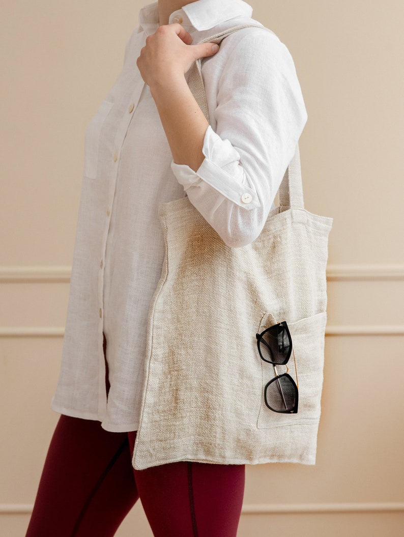 Stylish and Durable Linen Shopping Bag with Pockets Perfect for Market and Grocery Runs image 4