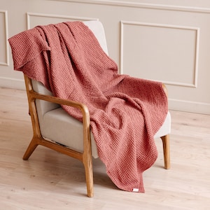 Luxurious and Breathable Linen Waffle Blanket Perfect for Cozying Up or Adding Style to Your Bedding Terracotta