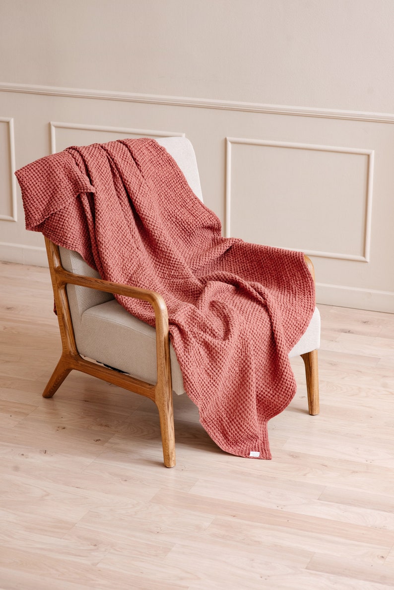 Luxurious and Breathable Linen Waffle Blanket Perfect for Cozying Up or Adding Style to Your Bedding Terracotta