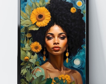Impressão artística de chapéu floral de mulher negra: pôster de garota afro-americana (download digital)