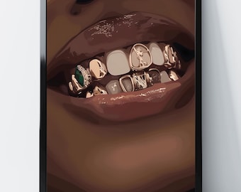 Arte de Mulher Negra: Gold Grill, Pôster de Parede Moderno (Download Digital)