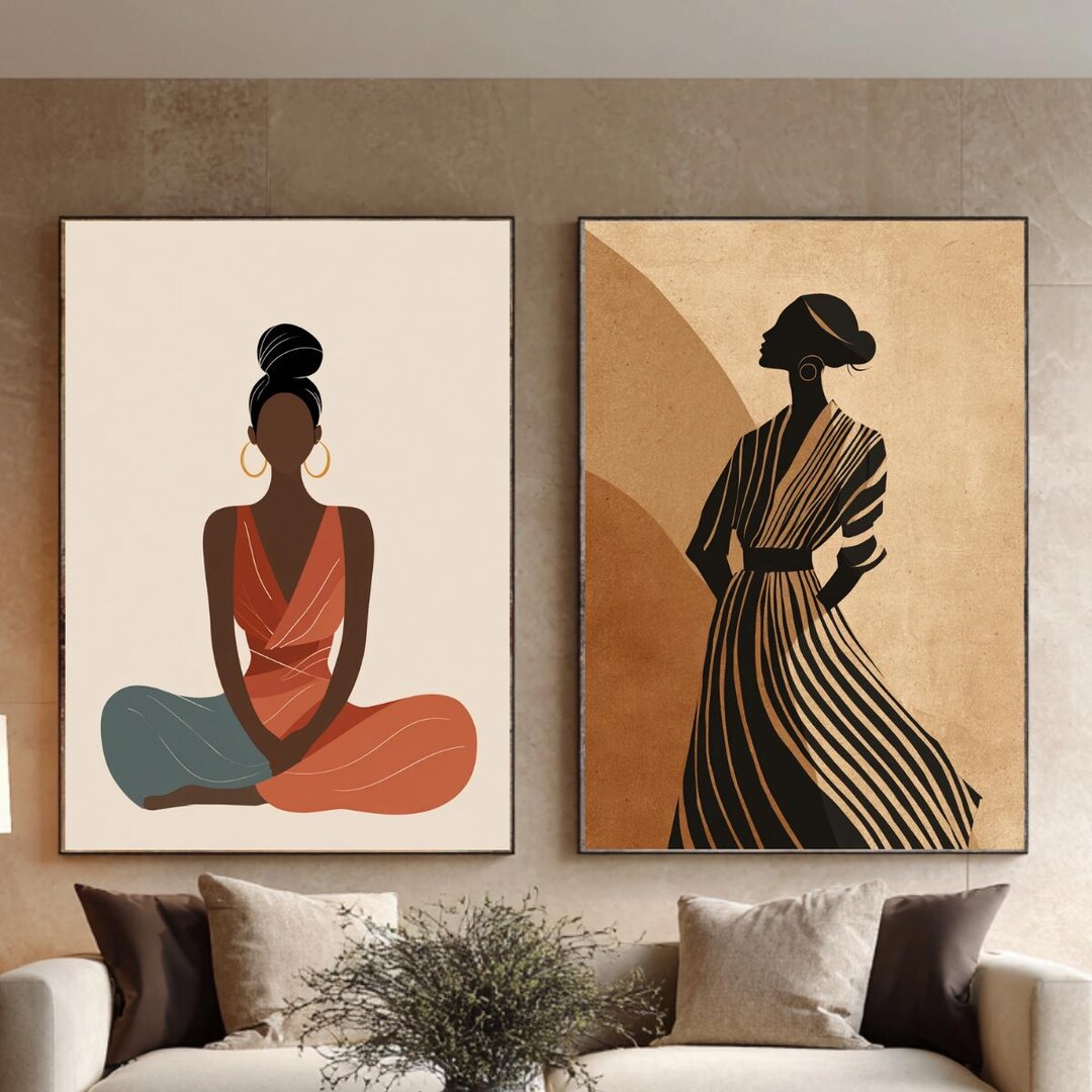 Black Woman Wall Art Set | Minimalist Afrocentric Portrait Decor ...