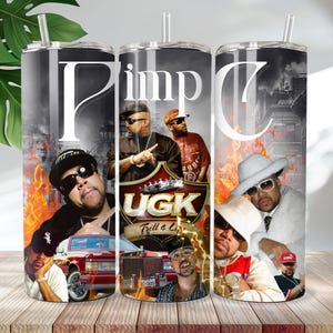 May include: Three stainless steel tumblers with images of rappers and the text "Pimp C" and "UGK Trill 4 Life".