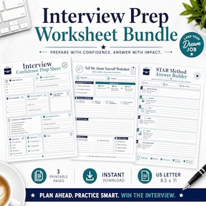 Może przedstawiać: Zestaw arkuszy do przygotowania do rozmowy kwalifikacyjnej zawierający trzy strony do druku: Interview Confidence Prep Sheet, Tell Me About Yourself Worksheet oraz STAR Method Answer Builder. Format US Letter, 21,59 na 27,94 cm.