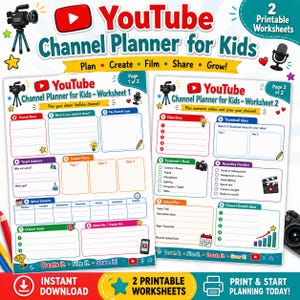 May include: Two printable YouTube channel planner worksheets for kids featuring sections for channel name, video ideas, equipment checklists, and upload schedules. The colorful pages include icons of cameras, microphones, and lightbulbs with text labels.