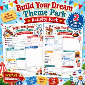 Może przedstawiać: Dwustronicowy zestaw aktywności do druku zatytułowany Build Your Dream Theme Park. Strony zawierają sekcje na nazwy parków, hasła, projektowanie atrakcji i ceny biletów, ozdobione kolorowymi ilustracjami kolejek górskich.