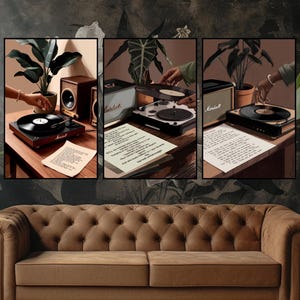 Set of 3 Retro Vinyl Record Posters | Vintage Turntable Wall Art | Boho Music Room Decor | Abstract Record Player Prints