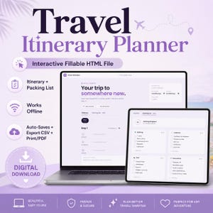 May include: A digital travel itinerary planner displayed on a laptop and tablet screen. The interface features sections for trip details, daily schedules, and a packing list. Text includes Travel Itinerary Planner, Interactive Fillable HTML File, and Your trip to somewhere new.