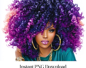Fashionable Afro Girl Clipart: PNG Graphics (Digital Download)