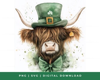 Watercolor St Patricks Highland Cow Clipart: Clover Shamrocks (Digital Download)