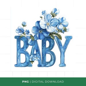 Arte de pared imprimible con diseño floral azul para bebé, decoración para habitación de niño, letras de flores azules / Descarga digital instantánea