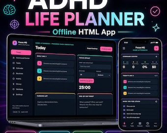 ADHS-Lebensplaner Offline-HTML-App, Aufgaben- und Gewohnheitstracker im Dunkelmodus (Digitaler Download)