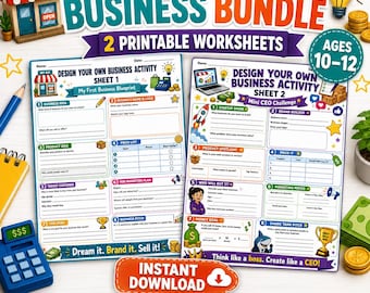 Entwerfe dein eigenes Business Bundle, druckbare Arbeitsblätter für Unternehmertum für Kinder im Alter von 10-12 Jahren