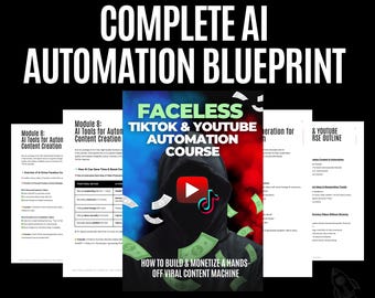 May include: A red and black graphic with the text "Faceless TikTok & YouTube Automation Course" and a play button icon. The graphic is surrounded by dollar bills and the text "How to build & monetize a hands-off viral content machine". The text "Learn the best AI tools to generate viral content fast." is at the bottom of the graphic.
