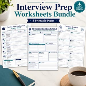 May include: A digital bundle of three printable interview preparation worksheets featuring dark blue text on white paper. The pages are titled Interview Prep Worksheets Bundle, Common Interview Questions, Job Description Breakdown, and Company Research.