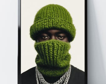 Schwarze Illustration: Urban Street Style, grüne Strickmaske (Digitaler Download)