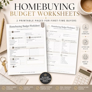 May include: Two printable homebuying budget worksheets with sections for buyer snapshots, savings, upfront costs, and monthly payments. The worksheets include the text "Homebuying Budget Worksheet" and "All-in-One Budget Planning Bundle."