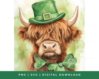 Watercolor Highland Cow St Patricks Day Clipart (Digital Download)