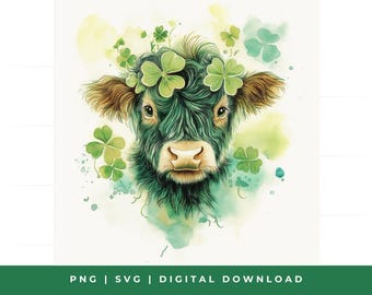 Watercolor Highland Cow St Patricks Day Clipart (Digital Download)