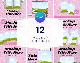 May include: Twelve mockup templates for social media featuring a variety of devices and backgrounds. The templates feature a green and blue landscape with clouds, and the text "Mockup Title Here" and "Sub-Title Here".