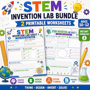 May include: A STEM Invention Lab Bundle with two printable worksheets for ages 10-12. The worksheets feature sections for identifying problems, sketching inventions, and labeling parts. Includes a rocket ship, lightbulb, and globe illustrations.