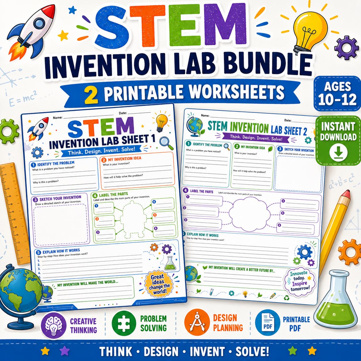 STEM Invention Lab Bundle, Printable Engineering Design Worksheets for ...