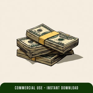 Può includere: Illustrazione di tre pile di banconote da un dollaro USA, ciascuna assicurata con una fascia gialla. Le banconote sono verdi e beige, con illustrazioni dettagliate. L'immagine ha uno stile pulito e minimalista, con uno sfondo neutro. Il fondo dell'immagine contiene il testo: COMMERCIAL USE - INSTANT DOWNLOAD.