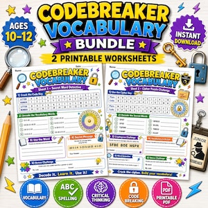 May include: A colorful printable vocabulary bundle for ages 10-12, featuring two worksheets with code-breaking and cipher puzzles. Includes a magnifying glass, a pencil, and a key. The bundle promotes vocabulary, spelling, and critical thinking skills.