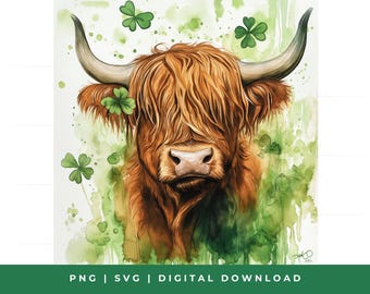 Watercolor Highland Cow St Patricks Day Clipart (Digital Download)
