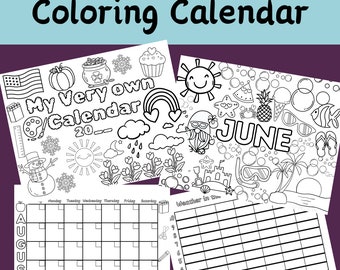 May include: A black and white coloring calendar with a variety of images, including a snowman, a pumpkin, a rainbow, a sun, a cupcake, a pineapple, a watermelon, and a fish. The calendar is for the month of June and August. The text "My Very Own Calendar 20" is at the top of the page.