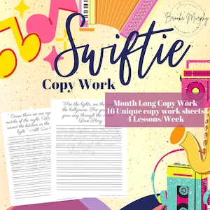May include: A colourful printable worksheet for handwriting practice. The worksheet features a musical theme with a yellow background and musical instruments. The text on the worksheet says "Month Long Copy Work 16 Unique copy work sheets 4 Lessons/Week".