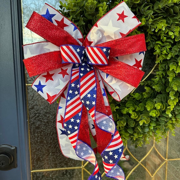 Patriotic Wreath Bow, Patriotic Wreath, 4th of July Bow Wreath Bow, Fouth of July Bow, Large Bow, Mailbox Bow, Lantern Bow, Summer Bow, Bow