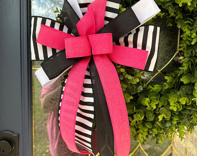 Wreath Bow, Everyday Bow, Black and White Bow, Pink Wreath Bow, Spring