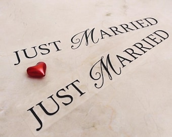 Just Married Iron On Heat Transfer Decal for Wedding Fabrics and Textiles