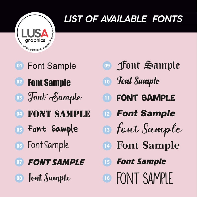 May include: A list of 16 different font styles, labeled with numbers 1 through 16. Each font style is shown as a sample of the text "Font Sample".