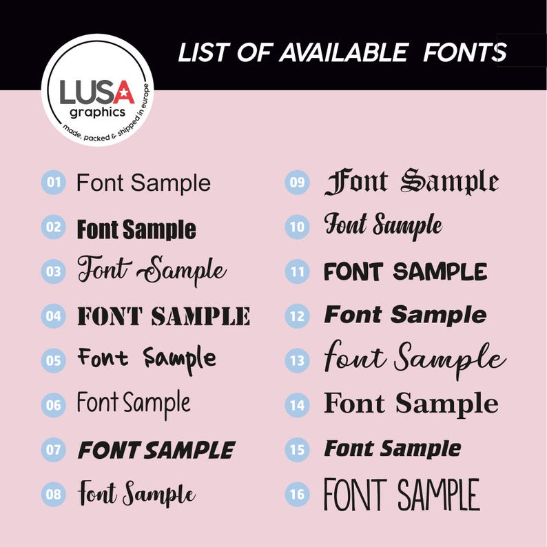May include: A list of 16 different font styles, numbered 1 through 16, with a sample of each font style. The font styles range from simple to decorative.