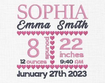 Birth announcement Embroidery design Birth announcement template Baby Birth embroidery New Born baby Embroidery Machine embroidery 5 sizes