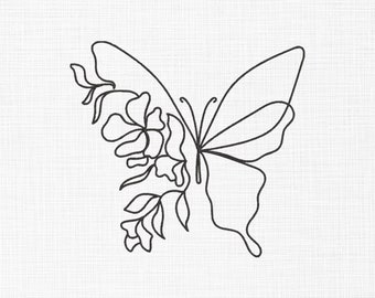 花と蝶の刺繍デザイン：線画（すぐにダウンロード） - Etsy 日本