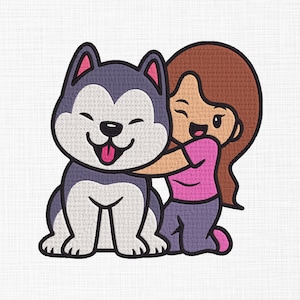 Little Girl with Dog Embroidery Design Cute Dog Embroidery Design Girl Sitting with Dog Embroidery Machine Embroidery Files 5 Sizes Download