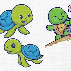 May include: Three cartoon turtles, one green and blue, one green and yellow, and one green and blue, with the green and yellow turtle surfing on a red surfboard.
