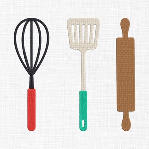 May include: Three kitchen utensils: a black whisk with a red handle, a white spatula with a teal handle, and a brown rolling pin.