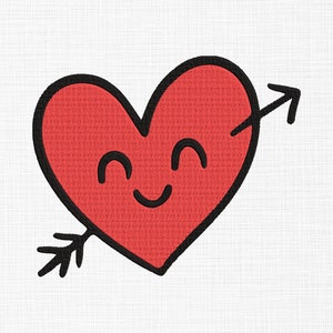 Puede incluir: Un corazón rojo con una cara sonriente es atravesado por una flecha. El corazón está delineado en negro y tiene un estilo simple y de dibujos animados.
