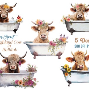 Highland Cow in Tub Clip art Floral Highland Cow Bundle Clip art Set of 5 Watercolor Farm Baby Highland Calf in Clawfoot Tub Clip Art