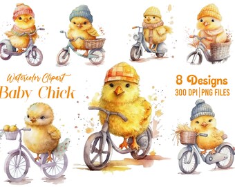 Watercolor Baby Chick Clipart: Chick on Bike PNG Bundle (Digital Art)
