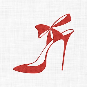 May include: A red high-heeled shoe with a bow on the ankle strap.