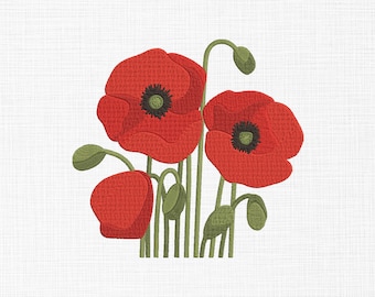 Poppy Flower Embroidery Design Flowers Embroidery Design Red Flower Embroidery Design Machine Embroidery Pattern 5 Sizes Digital Download
