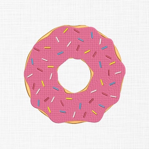 May include: A pink frosted donut with colorful sprinkles.