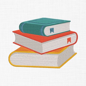 May include: A stack of three books with colorful covers. The top book is teal with a white spine, the middle book is red with a white spine, and the bottom book is yellow with a white spine.
